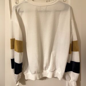 White Crewneck Shirt with Mustard & Navy Stripes